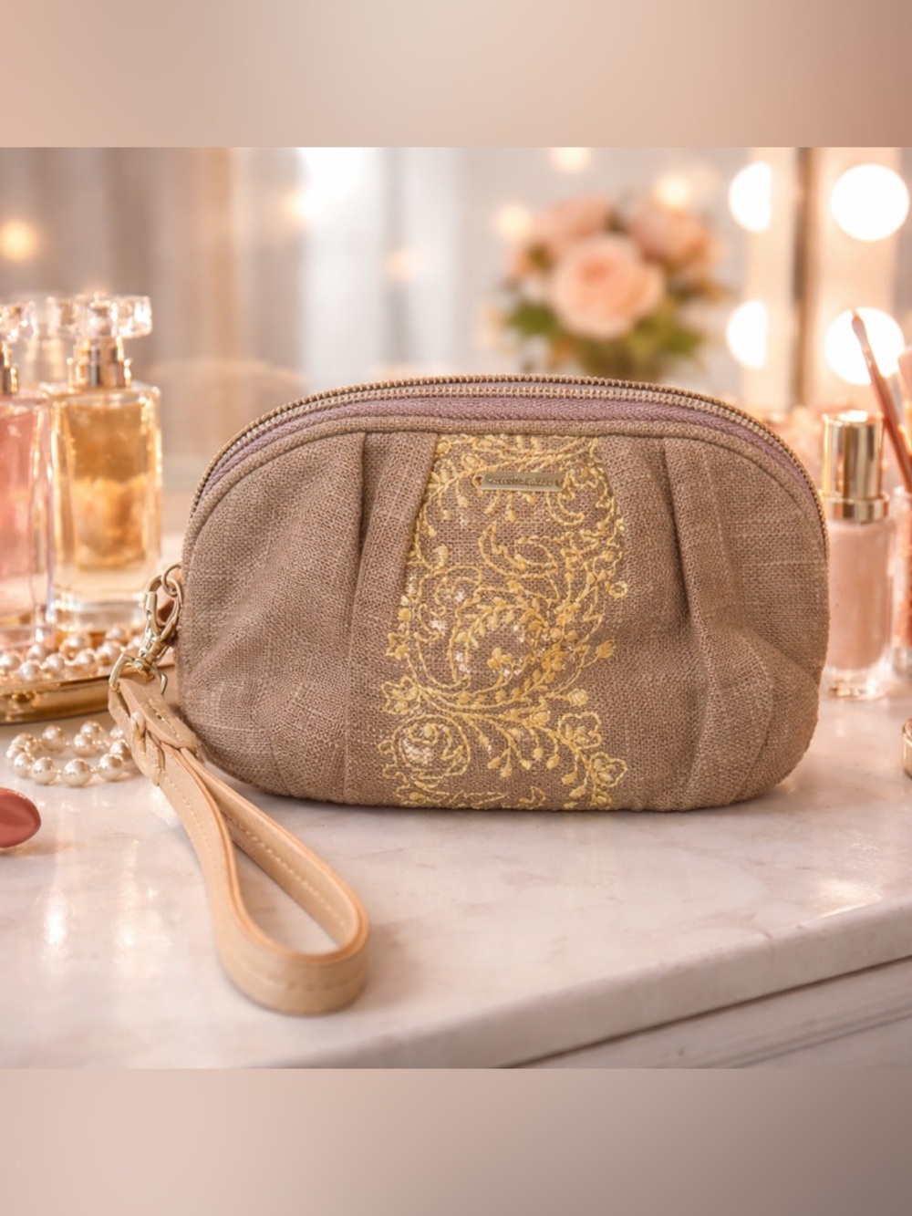 Victoria Secret taupe canvas w/goldtone hardware zip around wristlet NWOT